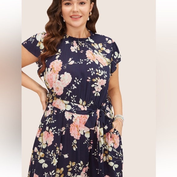 BloomChic Floral Frill Trim Mock Neck Pocket Ruffle Belted Cap Sleeve Dress - Picture 6 of 9
